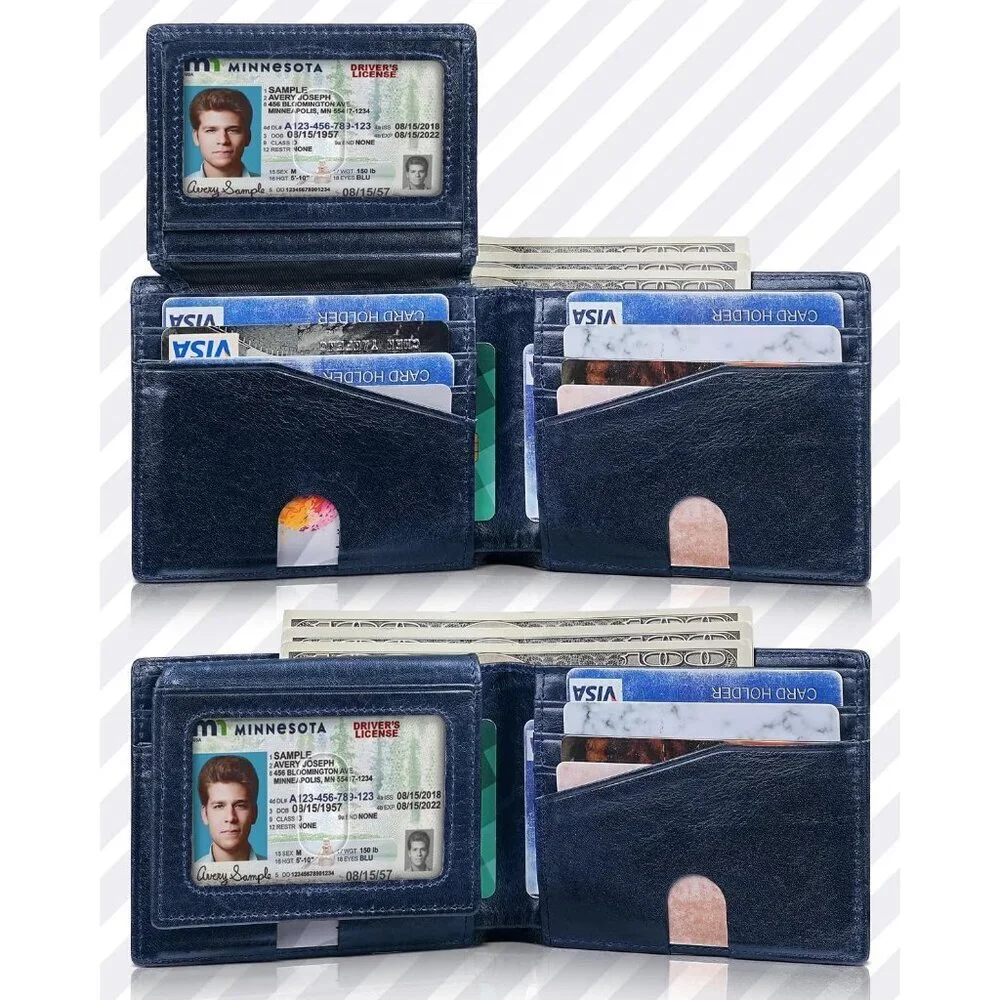 Men's Classic Bifold Wallet Card Navy Blue Style Genuine Leather 2 Cash Pockets